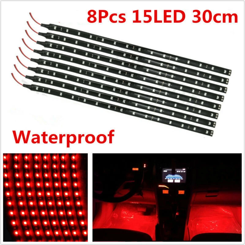 Tira de luz flexible para parrilla de coche roja de 15 LED 8 piezas/lámpara para decoración de piso SMD 12V Foto 1 de 4