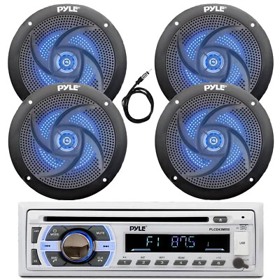Pyle Bluetooth CD Receiver, 4x 5.25" 180W Blue Flash LED Black Speaker, Antenna - Image 1 of 3
