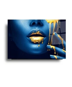 Blue Lips Woman Modern Wall Art Glass Printing Tempered Glass - Picture 1 of 9