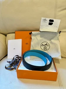 Hermes Reversible Leather Strap Unisex 32 mm blue indigo / atoll Size 90 NIB HTF - Picture 1 of 8