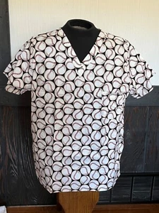 Baseballs V neck medical scrub top Unisex size large short sleeve - Picture 1 of 11
