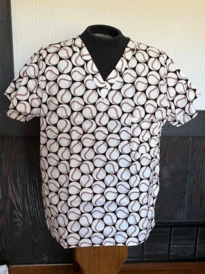 Baseballs V neck medical scrub top Unisex size large short sleeve - Image 1 of 4