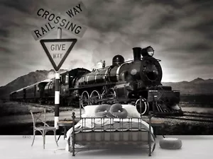3D Train Retro Pattern Gray Self-adhesive Removeable Wallpaper Wall Mural1 - Picture 1 of 11