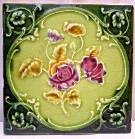 TILE VINTAGE PORCELAIN ROSE PURPLE ENGLAND ART NOUVEAU MAJOLICA COLLECTIBLES#109 Cover
