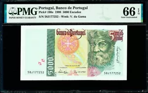 Portugal 5000 Escudos 1998 Pick-190e GEM UNC PMG 66 EPQ - Picture 1 of 2