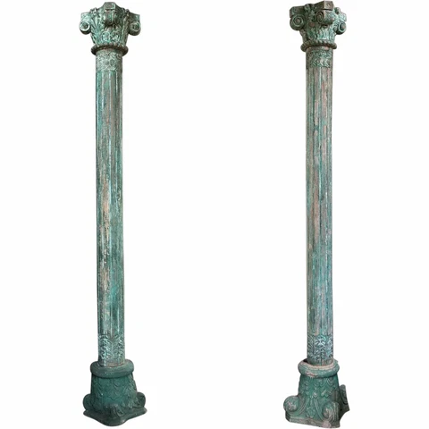 Pair Antique Anglo Indian Green Painted Teak and Limestone Columns 19th century Cover