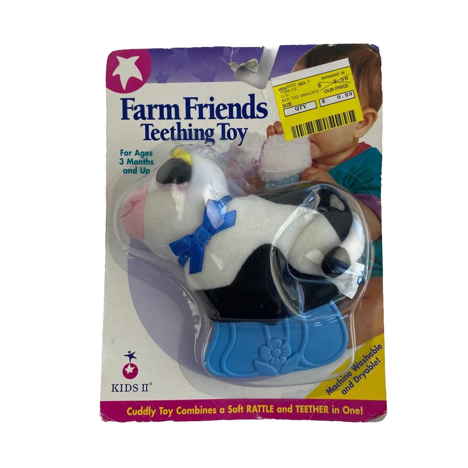 Vintage Kids 2 Farm Friends Cow Teether Baby Toy 3 Months Up 1995 NOS 1990's - Image 1 of 4