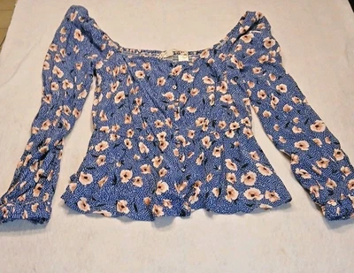 Lovestich Peplum Top Floral Print Long Sleeve Smocked Square Neck Blouse Blue - Image 1 of 4