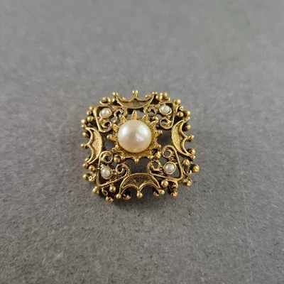 Vintage Brosche Gold Quadrat – Filigran & Große Perle - Bild 1 von 4