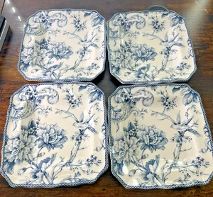 222 Fifth Set Of 4 Salad Plates ADELAIDE Blue & ivory Square BIRD Floral Toile - Picture 1 of 7