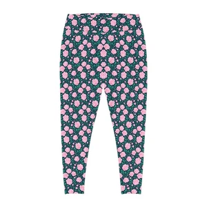Pink Rose Plus Size Leggings, Floral Yoga Pants, Comfortable Casual Wear, Spring - Picture 1 of 31
