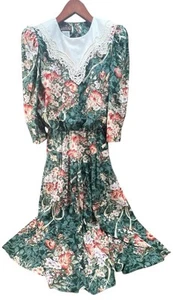 1980s Lace Collar Floral Print Peplum Dress with Puff Sleeves Lisa 11 Secretary - Picture 1 of 10