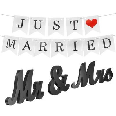 Letrero de señor y señora con pancarta para decoración de boda, negro Foto 1 de 4