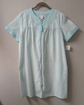 Croft & Barrow NWT Aqua Gingham House Coat Robe Front Zip Pockets S to M - Image 1 of 4