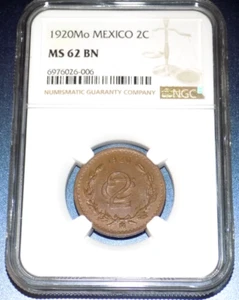 1920 Mo Mexico 2C NGC MS62 BN Two Centavos Mexican 2 C Key Date UNC GRADED COIN - Picture 1 of 5