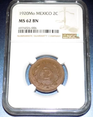 1920 Mo Mexico 2C NGC MS62 BN Two Centavos Mexican 2 C Key Date UNC GRADED COIN - Image 1 of 4