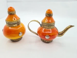 Rare Antique Small Kettle Teapot Jug with Lid Brass Orange Plastic Beautiful - Picture 1 of 11