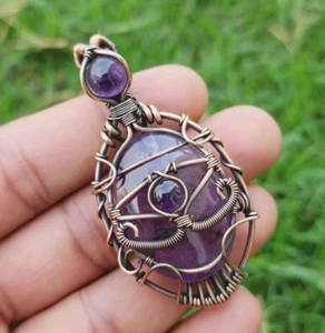 Purple Amethyst Gemstone Handmade Wire Wrapped Evil Eye Pendant Jewelry WP-005 - Picture 1 of 4