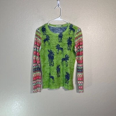 Whimsy Rose Top Womens Small Baby Waffle Thermal Shirt Moose Print Multicolor - Image 1 of 4