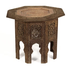 19th Century Hand Carved Moroccan Octagonal Side Table with Hammered Copper Tray - Picture 1 of 7