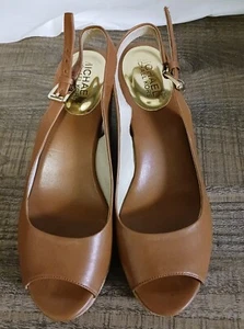 Michael Kors Womens Natalia Slingback Heels Brown Leather Peep Toe Buckle 7.5M - Picture 1 of 7