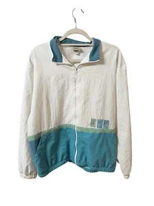 Vintage Teddi Women’s White Teal Zip-up Windbreaker floral detail sz L - Picture 1 of 9