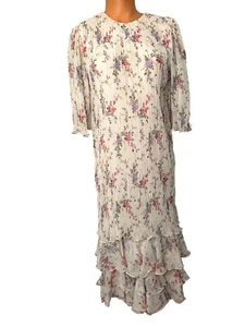 VTG 80s JUDY HORNBY COUTURE DRESS White 1980s FLORAL  Ruffle Hem Rhinestones 10 - Picture 1 of 10