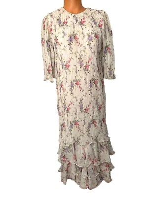 VTG 80s JUDY HORNBY COUTURE DRESS White 1980s FLORAL  Ruffle Hem Rhinestones 10 - Image 1 of 4