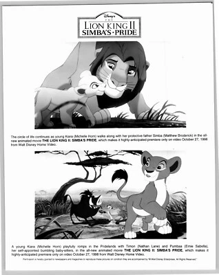 O Rei Leão II 1988 Filme Estampa 8x10 Animação Vintage Dual Simba Kiara Pumba - Imagem 1 de 2