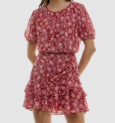 Vestido feminino B Darlin vermelho franzido estampa floral júnior tamanho 0 - Imagem 1 de 3