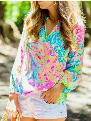 Blusa Top Lilly Pulitzer Elsa 100% Seda Amantes Estampado Coral Talla L. Nueva. Foto 1 de 4