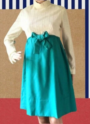 Adorable Vintage 1970s Tricot & Satin Taille Empire Fête Mod Hippie Robe S - Photo 1/4