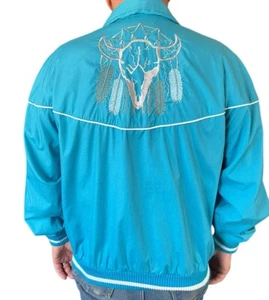 Vtg Midwest Garment Co Zip Jacket Men’s L Skull Feathers Southwestern Turquoise - Picture 1 of 15