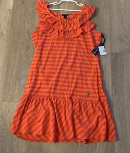(NWT) US Polo Assn Girl’s Size L (12-14) Bright Orange & Pink Striped Dress - Picture 1 of 9