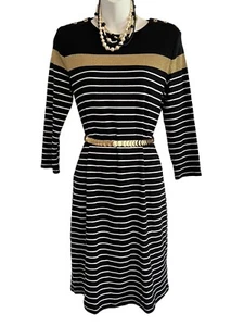 Ralph Lauren Women Cotton Knit Sweater Dress Stripe Black Gold White Petite Med - Picture 1 of 8