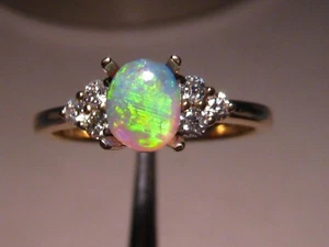 Petite Opal & Diamond ring , Solid 14 k Yellow Gold , 5+ brightness - Picture 1 of 9