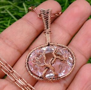 Pink Kunzite Double Tree Copper Wire Wrapped Handmade Jewelry Pendant Necklace
