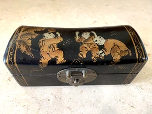 Chinese Wood and Leather Pillow Box with Scene and Brass Clasp, Old Paper Lined - Picture 1 of 10
