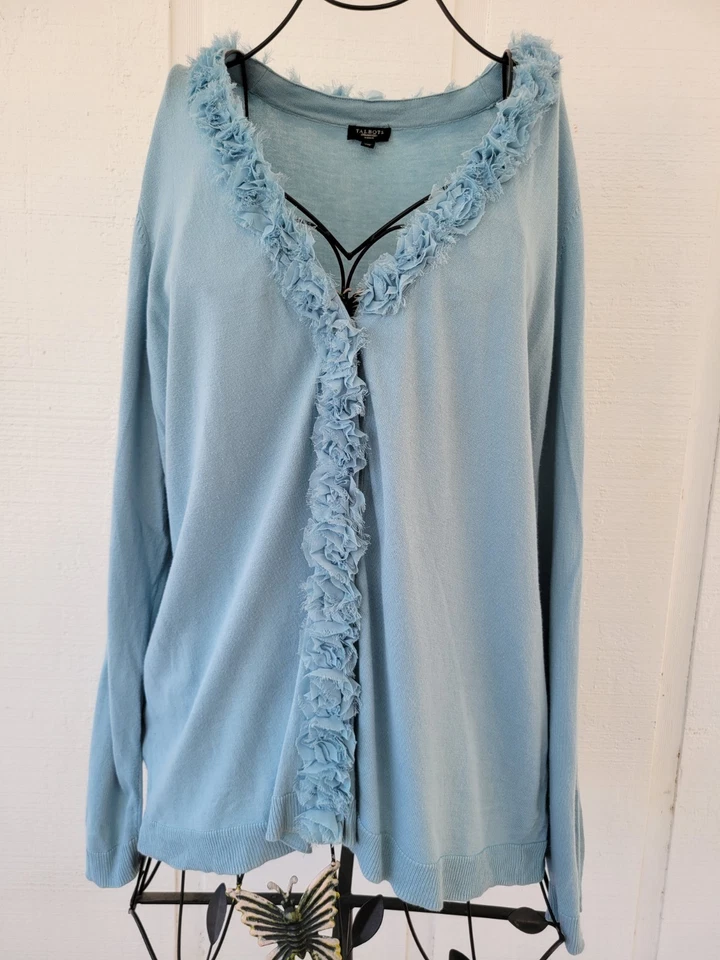 Talbots 2X Cardigan Sweater Flower Trim Blue Ruffle Chiffon Soft Knit V Neck - Image 1 of 4