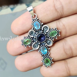 Amethyst,Blue Topaz & Peridot Gemstone 925 Sterling Silver Cross Fashion Pendant - Picture 1 of 7