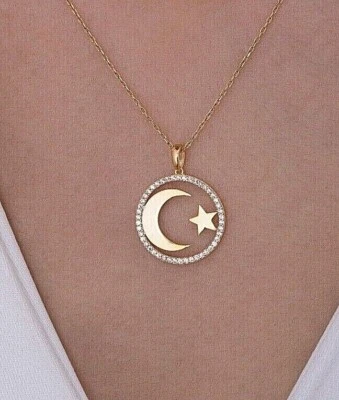 925 Sterling Silver Moon Star Necklace, Gold Moon Star Charm Necklace - Image 1 of 4