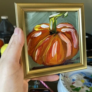 Mini Gemälde auf Leinwand Original 4/4, Klein, Geschenk, Abstrakter Kürbis, Gerahmt - Bild 1 von 5