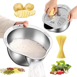 Rice Washer Strainer Bowl with Grater, Multipurse Stainless Steel Rice Colander - Picture 1 of 12