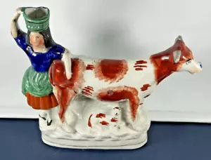 Staffordshire Flatback Cow Milk Creamer with Dairy Girl With Pitcher Circa 1900 - Picture 1 of 22