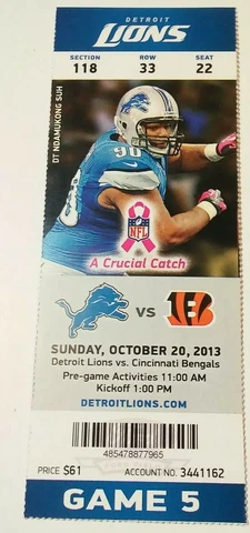 2013 Detroit Lions Cincinnati Bengals NFL Football Full Ticket Stub Cover