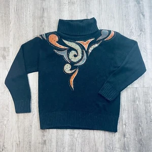 Vintage 90s IB Diffusion Patches Beads Black Turtleneck Silk Sweater Size Large - Picture 1 of 5
