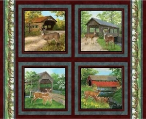 4 Deer Covered Bridge Pillow Panels Fabric 100% Cotton Wild Wings Springs - Picture 1 of 1