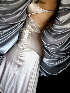 VTG SATIN CHAMPANGE SHINY HI LOW FITTED HALTER STRAPS MINI MIDI SLIP DRESS S - Picture 1 of 8