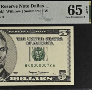 1999 $5 Federal Reserve Note PMG 65EPQ - Birthday - Low Serial Number 00000072 - Picture 1 of 3