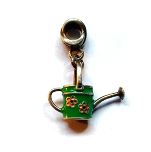 Vintage .925 Sterling Silver & Green Enamel Flower Watering Can Charm Signed M A - Picture 1 of 10
